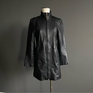 Colebrook & Co Black Leather Jacket Dress Minimal Coat Glam Parisian Old Money